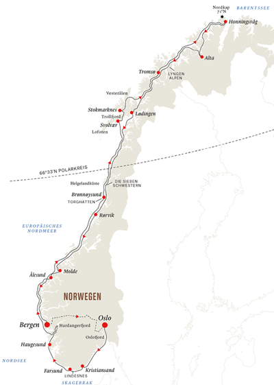 Reiseplan Nordkap-Linie-Hurtigruten